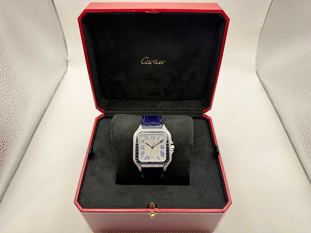 Cartier santos "large" | iced out naturel diamonds | blue - afbeelding 4 van  9
