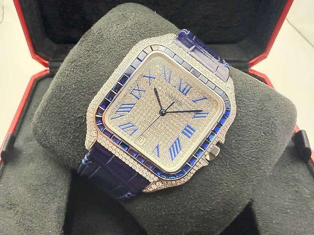Cartier santos "large" | iced out naturel diamonds | blue - afbeelding 6 van  9