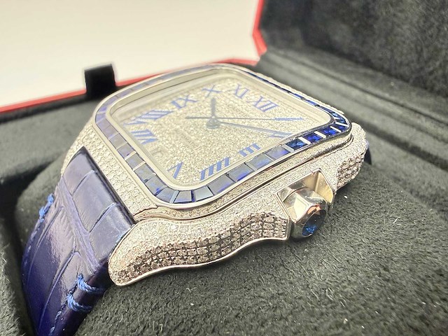 Cartier santos "large" | iced out naturel diamonds | blue - afbeelding 2 van  13