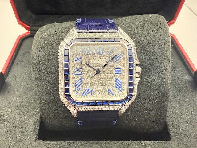 Cartier santos "large" | iced out naturel diamonds | blue - afbeelding 1 van  13