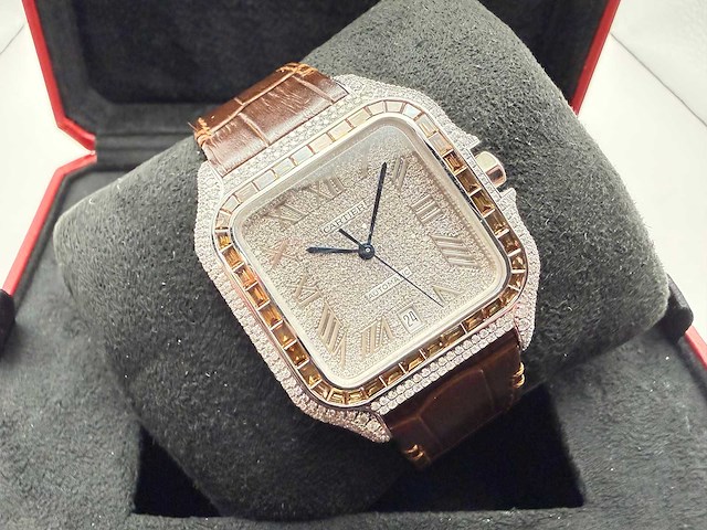 Cartier santos "large" | iced out naturel diamonds | brown - afbeelding 1 van  12