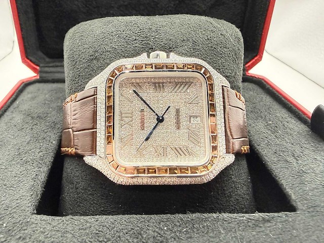 Cartier santos "large" | iced out naturel diamonds | brown - afbeelding 4 van  12