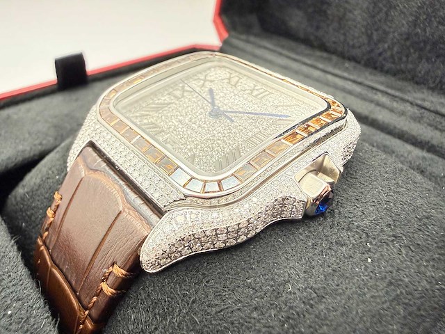 Cartier santos "large" | iced out naturel diamonds | brown - afbeelding 9 van  12