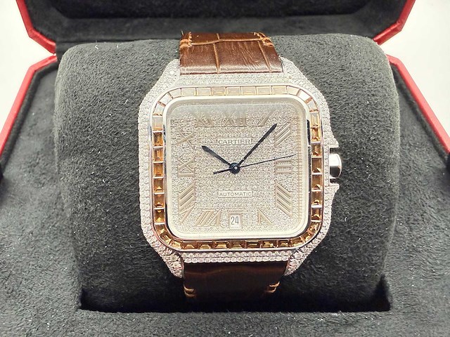 Cartier santos "large" | iced out naturel diamonds | brown - afbeelding 1 van  13