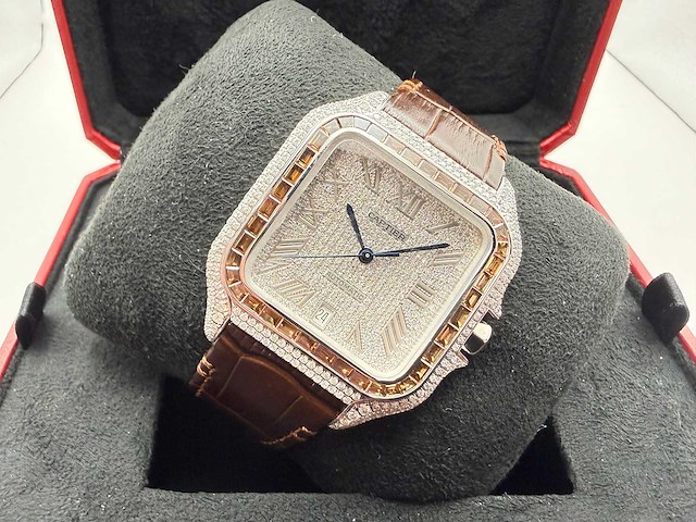 Cartier santos "large" | iced out naturel diamonds | brown - afbeelding 8 van  12