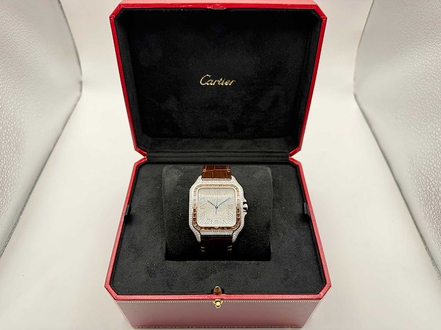 Cartier santos "large" | iced out naturel diamonds | brown - afbeelding 5 van  12