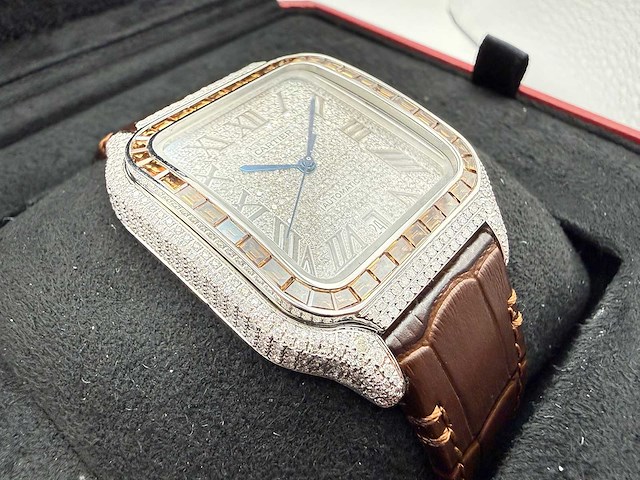 Cartier santos "large" | iced out naturel diamonds | brown - afbeelding 12 van  12