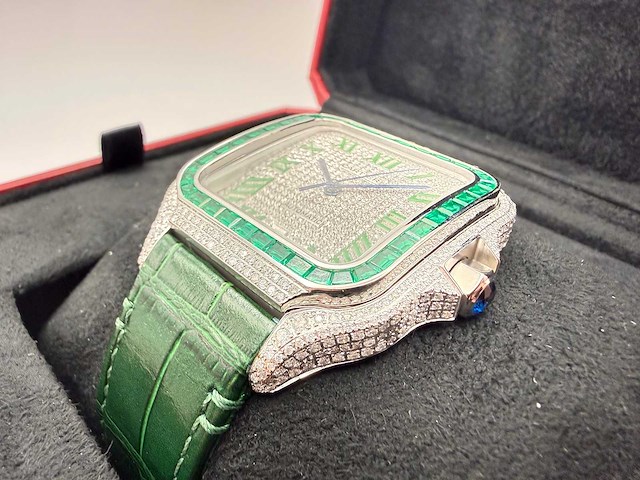 Cartier santos "large" | iced out naturel diamonds | green - afbeelding 2 van  13