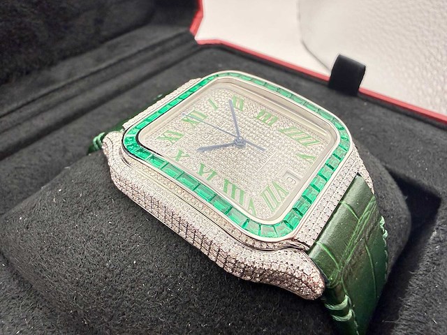 Cartier santos "large" | iced out naturel diamonds | green - afbeelding 11 van  13