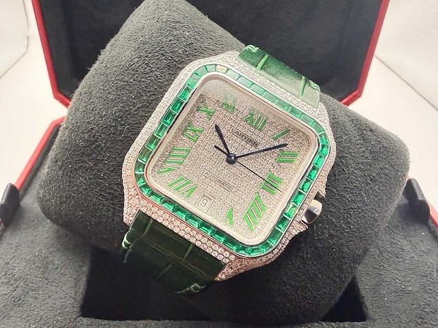 Cartier santos "large" | iced out naturel diamonds | green - afbeelding 3 van  8