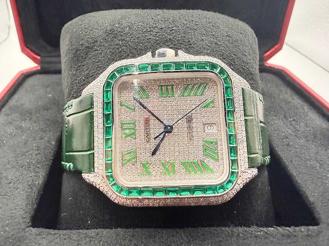 Cartier santos "large" | iced out naturel diamonds | green - afbeelding 4 van  8