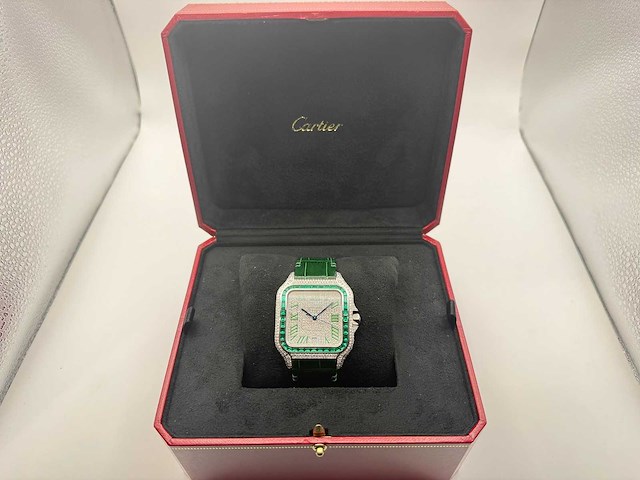 Cartier santos "large" | iced out naturel diamonds | green - afbeelding 4 van  12