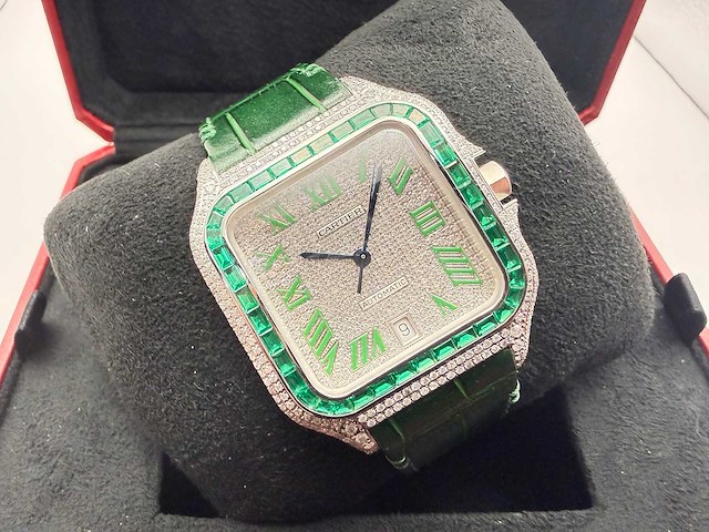 Cartier santos "large" | iced out naturel diamonds | green - afbeelding 6 van  12