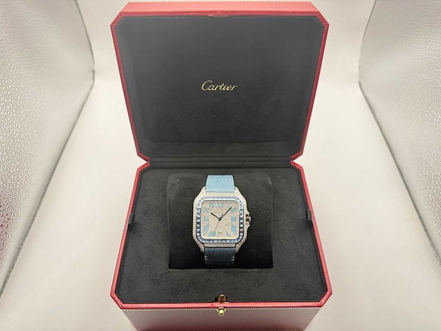 Cartier santos "large" | iced out naturel diamonds | light blue - afbeelding 10 van  13