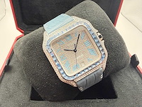Cartier santos "large" | iced out naturel diamonds | light blue - afbeelding 5 van  13