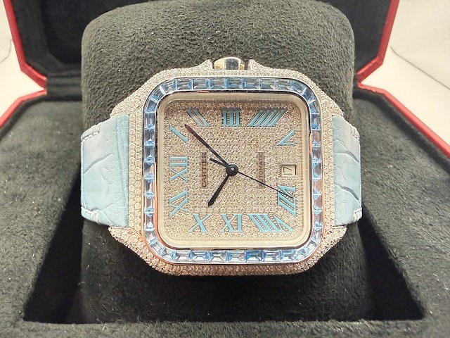 Cartier santos "large" | iced out naturel diamonds | light blue - afbeelding 6 van  13