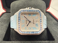 Cartier santos "large" | iced out naturel diamonds | light blue - afbeelding 6 van  13