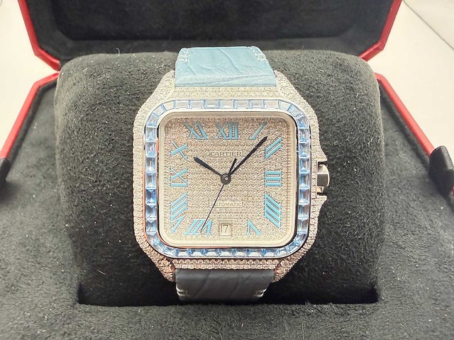 Cartier santos "large" | iced out naturel diamonds | light blue - afbeelding 1 van  6