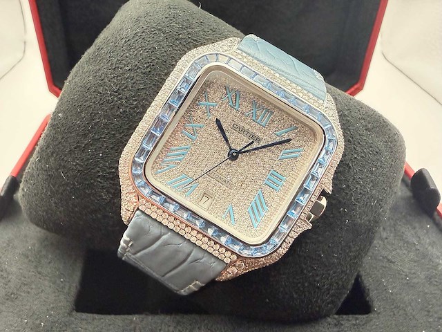 Cartier santos "large" | iced out naturel diamonds | light blue - afbeelding 8 van  13