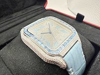 Cartier santos "large" | iced out naturel diamonds | light blue - afbeelding 10 van  10