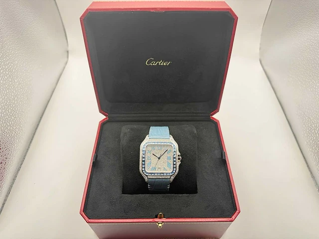 Cartier santos "large" | iced out naturel diamonds | light blue - afbeelding 5 van  13