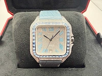Cartier santos "large" | iced out naturel diamonds | light blue - afbeelding 1 van  13