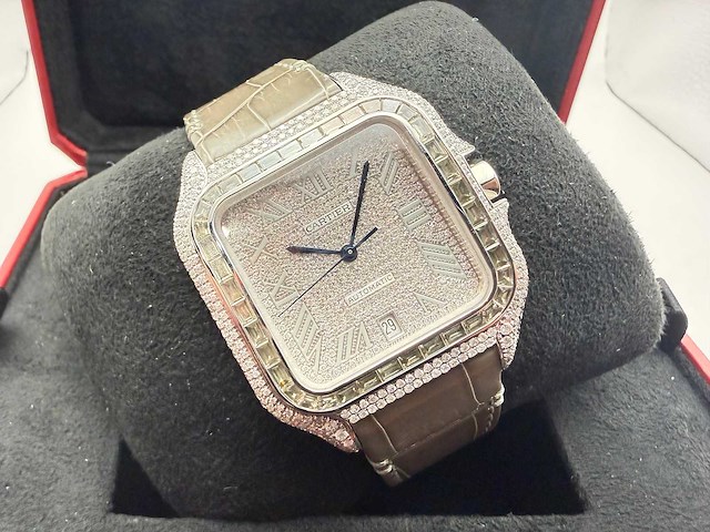 Cartier santos "large" | iced out naturel diamonds | light brown - afbeelding 6 van  13