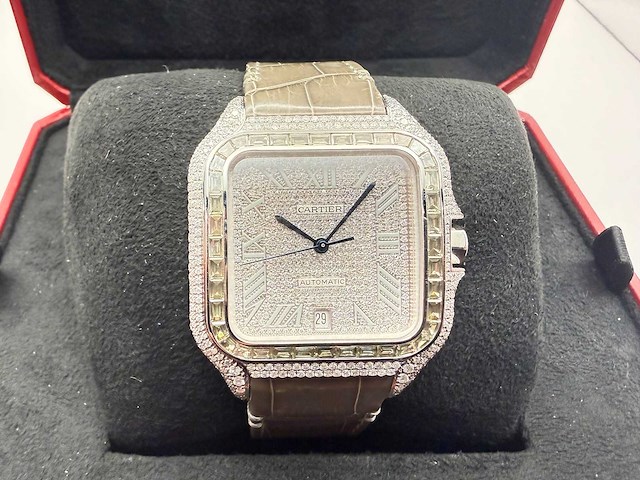 Cartier santos "large" | iced out naturel diamonds | light brown - afbeelding 1 van  13
