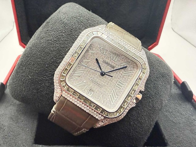 Cartier santos "large" | iced out naturel diamonds | light brown - afbeelding 7 van  13