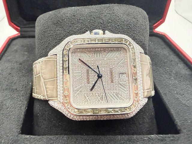 Cartier santos "large" | iced out naturel diamonds | light brown - afbeelding 7 van  11