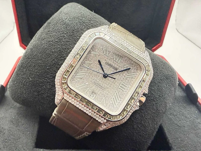 Cartier santos "large" | iced out naturel diamonds | light brown - afbeelding 8 van  13