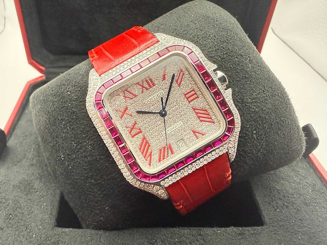 Cartier santos "large" | iced out naturel diamonds | red - afbeelding 3 van  10
