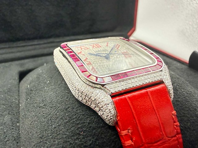 Cartier santos "large" | iced out naturel diamonds | red - afbeelding 7 van  10