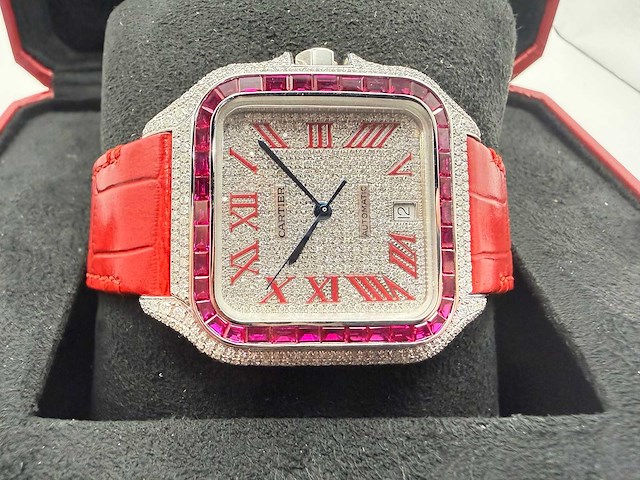 Cartier santos "large" | iced out naturel diamonds | red - afbeelding 5 van  10