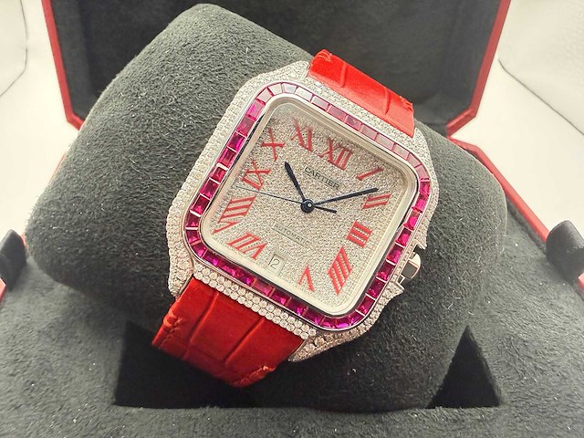 Cartier santos "large" | iced out naturel diamonds | red - afbeelding 5 van  10