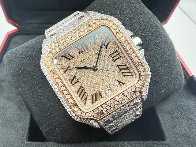 Cartier santos | wssa0018 | steel / rose gold | full iced out with natural diamonds | 2025 - afbeelding 1 van  13