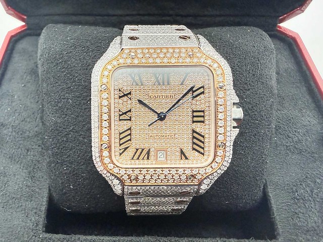 Cartier santos | wssa0018 | steel / rose gold | full iced out with natural diamonds | 2025 - afbeelding 6 van  13