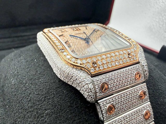 Cartier santos | wssa0018 | steel / rose gold | full iced out with natural diamonds | 2025 - afbeelding 11 van  13
