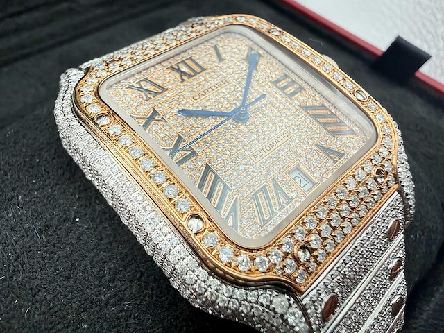 Cartier santos | wssa0018 | steel / rose gold | full iced out with natural diamonds | 2025 - afbeelding 13 van  13