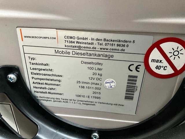 Cemo - mobiele - 100 liter - elektrische 12 volt - brandstoftrolley - afbeelding 7 van  7