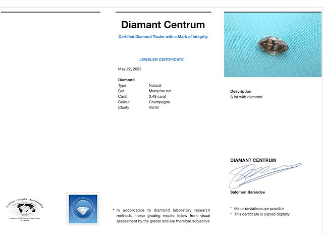 Champagne gekleurde marquise diamant 0.49 carat gecertificeerd - afbeelding 1 van  4