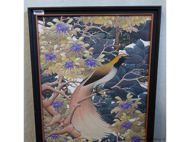 Chinees groot op zijde geschilderde voorstelling met paradijsvogels - afbeelding 2 van  5