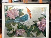 Chinese kalligrafie- en schilderkunst op zijde in lijst - afbeelding 1 van  5