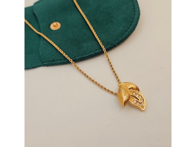 Christian dior goldplated leaf pendant collier met kristallen - afbeelding 2 van  6