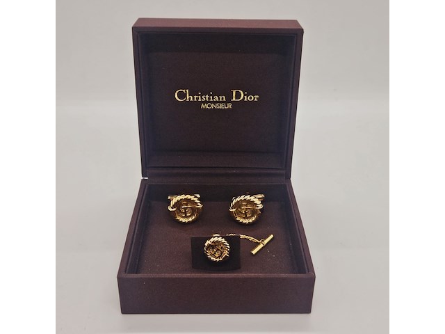 Christian dior goldplated manchetknopen + stropdas houder - afbeelding 1 van  7