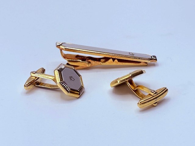 Christian dior goldplated manchetknopen + tie-pin/stropdashouder - afbeelding 1 van  9