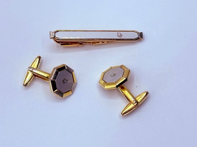 Christian dior goldplated manchetknopen + tie-pin/stropdashouder - afbeelding 2 van  9
