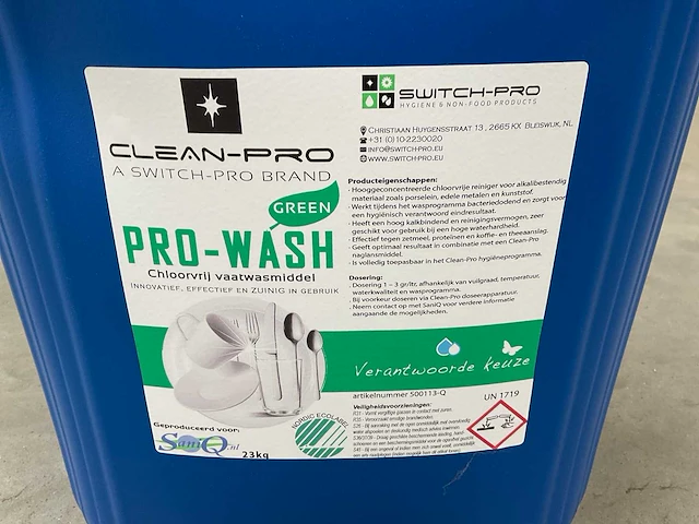 Clean-pro pro-wash green jerrycan á 23kg chloorvrij vaatwasmiddel (24x) - afbeelding 1 van  3