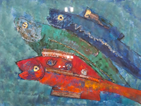 Collage, maya wildevuur, vissen