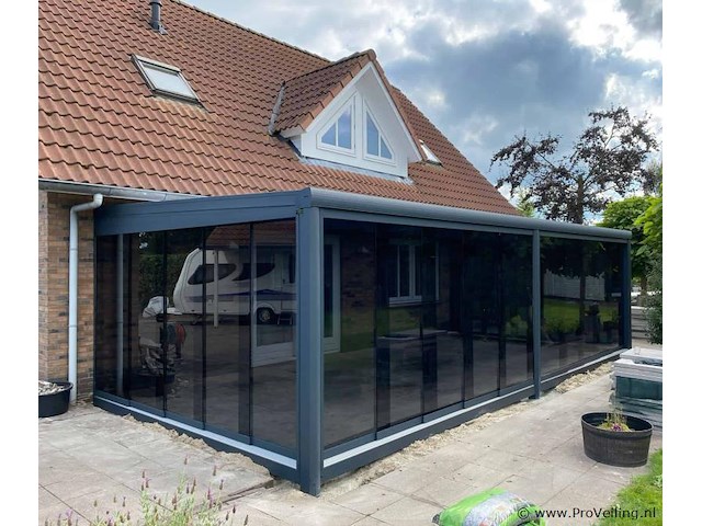 Compleet glazen schuifdeursysteem 4 deurs, veiligheidsglas 10 mm, 3570 mm breed, 4 stuks deuren 900 mm 2100 mm hoog, antraciet lichtgrijs ral 7016 - afbeelding 2 van  14